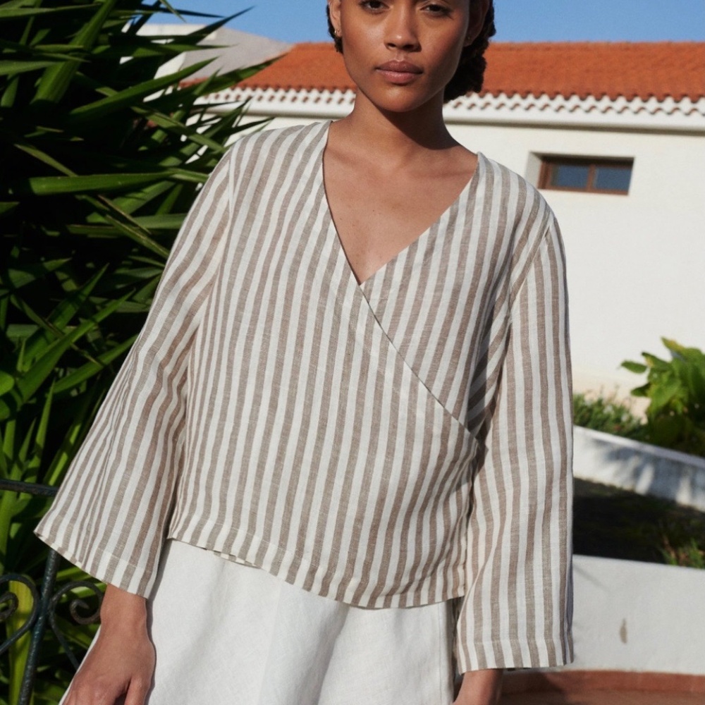 Linenfox Georgia Linen Wrap Tie Top in Cacao Stripe, XS